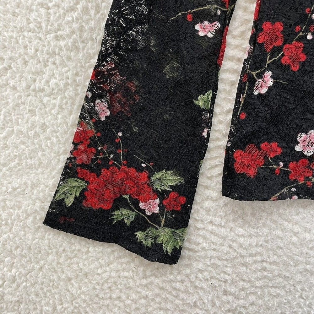 90s Y2K Vintage Fashion Bug Black Rose Floral Sheer Lace Top M L Medium Large - Picture 4 of 9